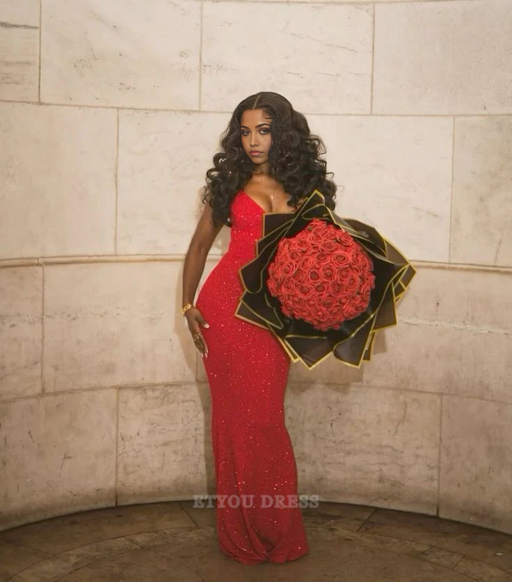 Sheath V-Neck Sparkling Red Long formal dresses Bridesmaid Dresses evening gown Prom Dress